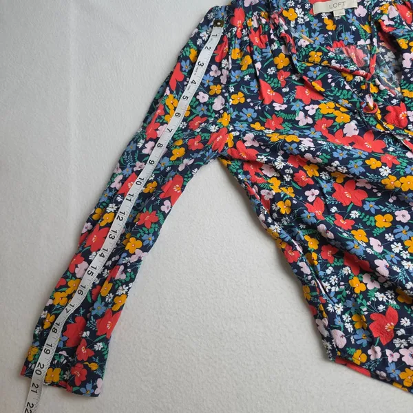 LOFT Womens Floral Ruffle Split Neck Tie Blouse Navy‎ Blue Multi Color Small - Image 10