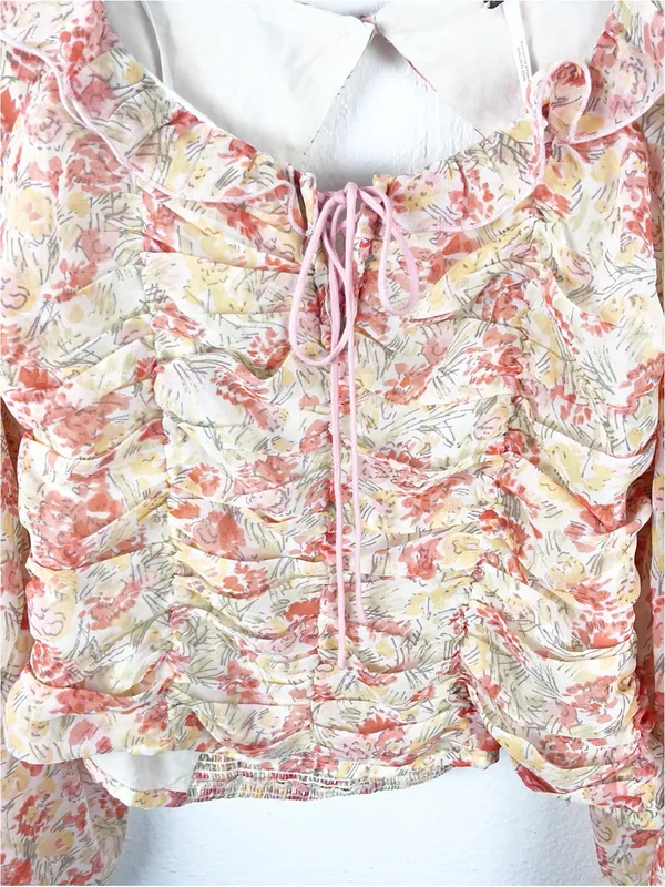 FREE PEOPLE Mabel Floral Ruching Sheer Balloon Sleeves Smocked Back Top Small - Image 8