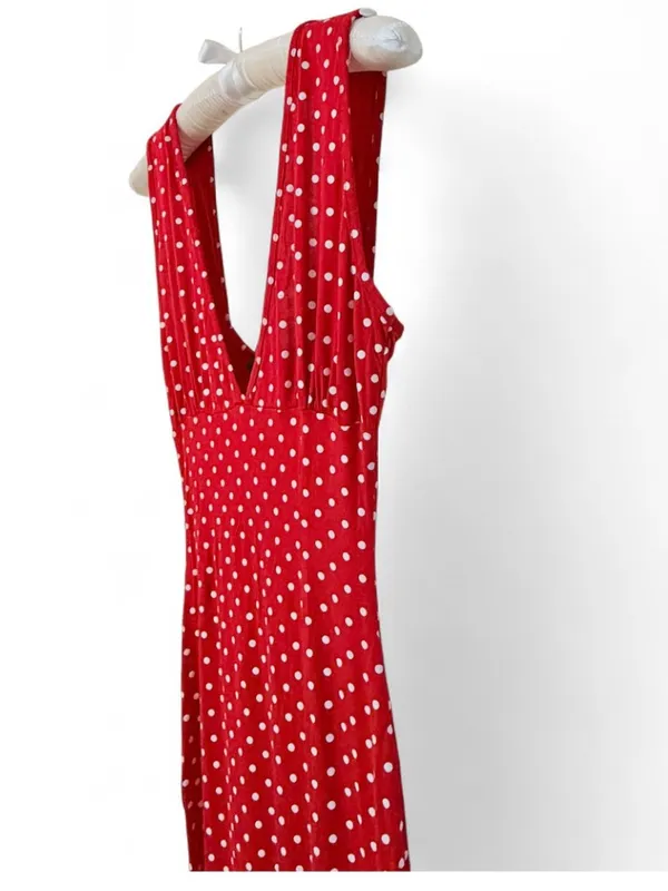 Missguided Women’s Red Sleeveless V-Neck Polka Dot Deep Plunge Slit Maxi Dress 4 - Image 8