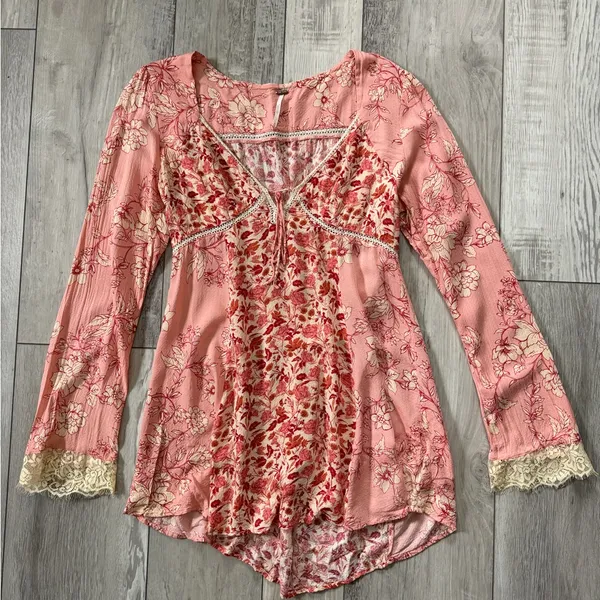 Free People Coquette Odette Fairycore Floral Printed Bell Sleeve Tunic medium - Image 11
