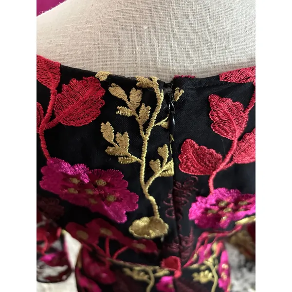 Floral Embroidered Mesh Sheath Dress Black‎ Pink Gold 3/4 Sleeve Cocktail Midi - Image 3