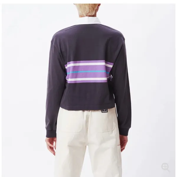 OBEY Riley LS Polo purple cropped oversized striped rugby 100% cotton size XL - Image 9