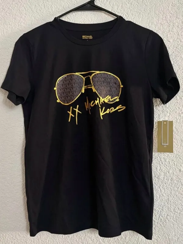 Michael Kors Women’s Black Graphic Tee with Gold Sunglasses Print small - Image 6