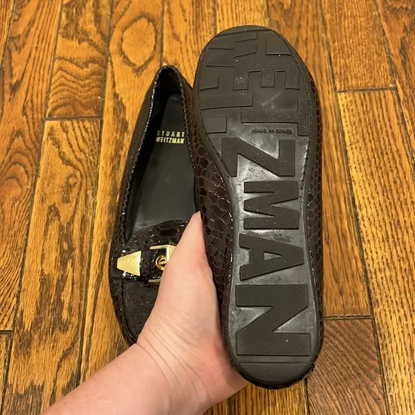 STUART WEITZMAN Crocodile Patent Leather Gold‎ Mary Jane Buckle Loafers Size 7M - Image 8