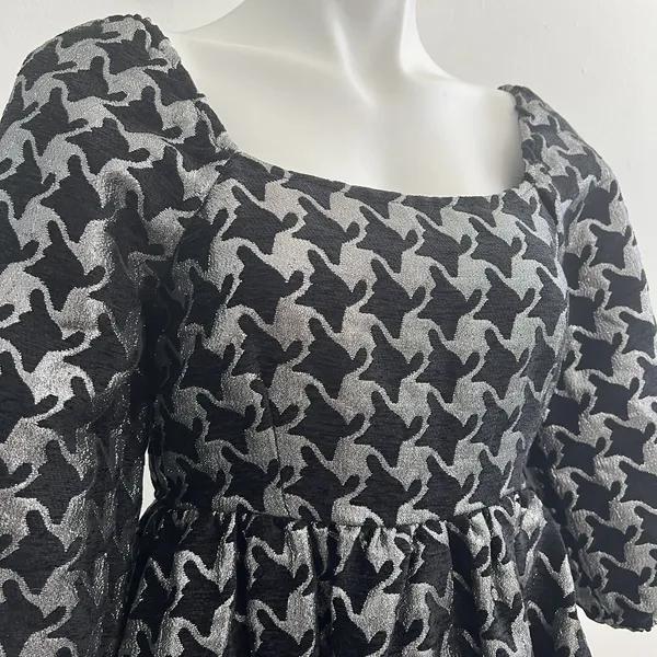 NEW Anthropologie Balloon Sleeves Dress XSMALL DAMASK houndstooth Silver Black - Image 5