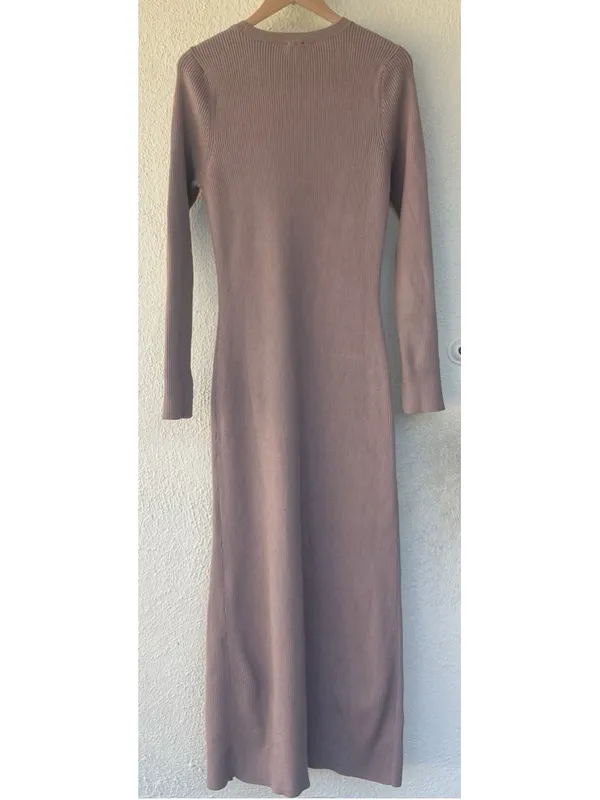 Abercrombie & Fitch Brown Soft Ribbed Knit Long Sleeve Maxi Bodycon Slit Dress - Image 4