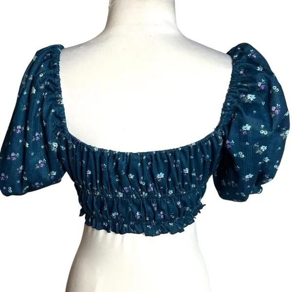 For Love And Lemons Lola Pointelle Blue Floral Coquette Puff Sleeves Crop Top XS - Image 5
