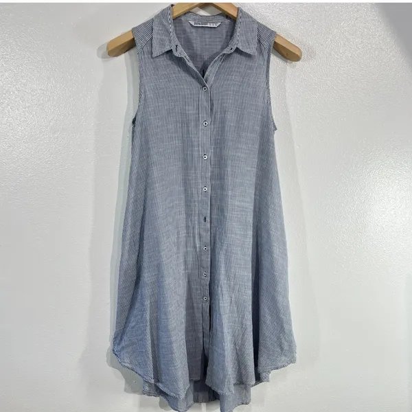 Zara Basic Striped Button Down Tunic Dress XS Blue‎ White Cotton Sleeveless Boho Blue - Image 2