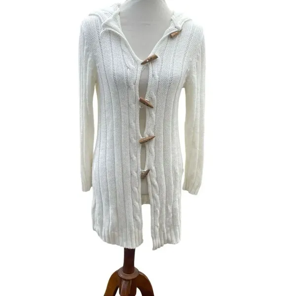 Fancy Design White Knit Hooded Sweater Jacket Toggle Buttons Size S/M NWOT - Image 3