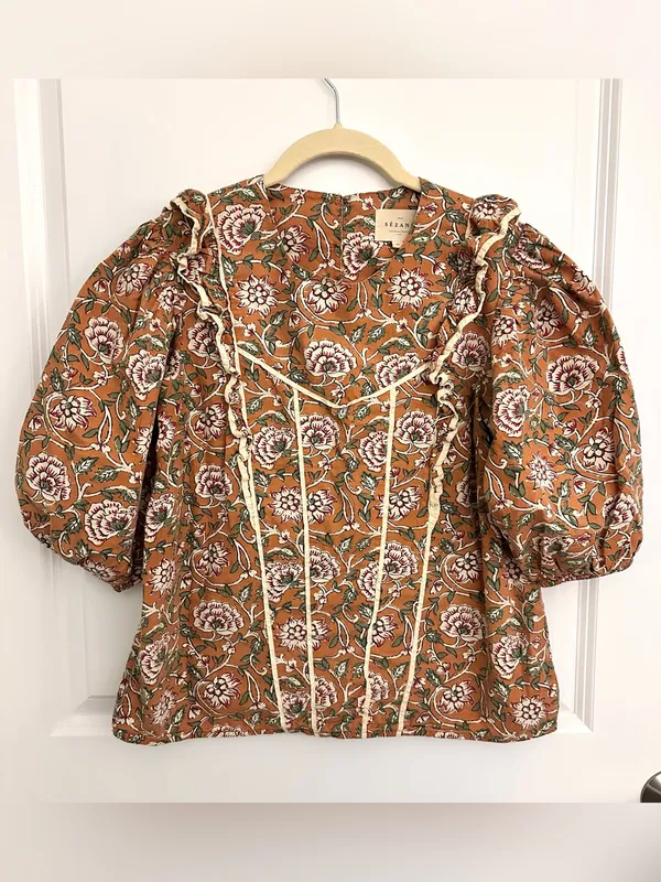 Sezane Angeline Blouse in Ochre Floral Print Size 4 - Image 3