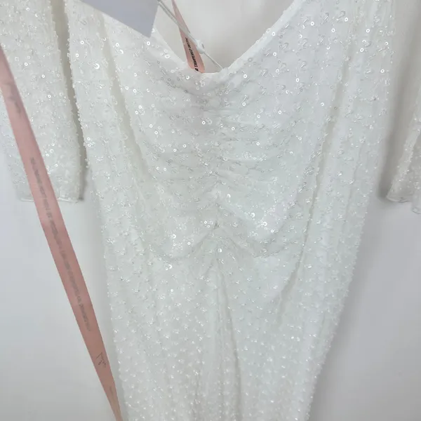 Lulus Mariani White Sequin Beaded Backless Long Sleeve Maxi Dress Medium NWT - Image 13
