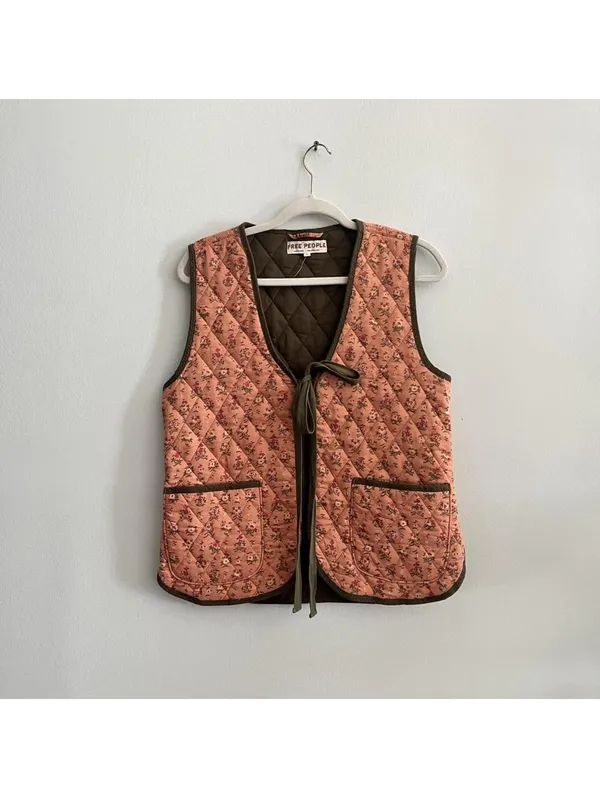 Free People Claudine Quilted Floral Vest In Orange And Olive - Image 2