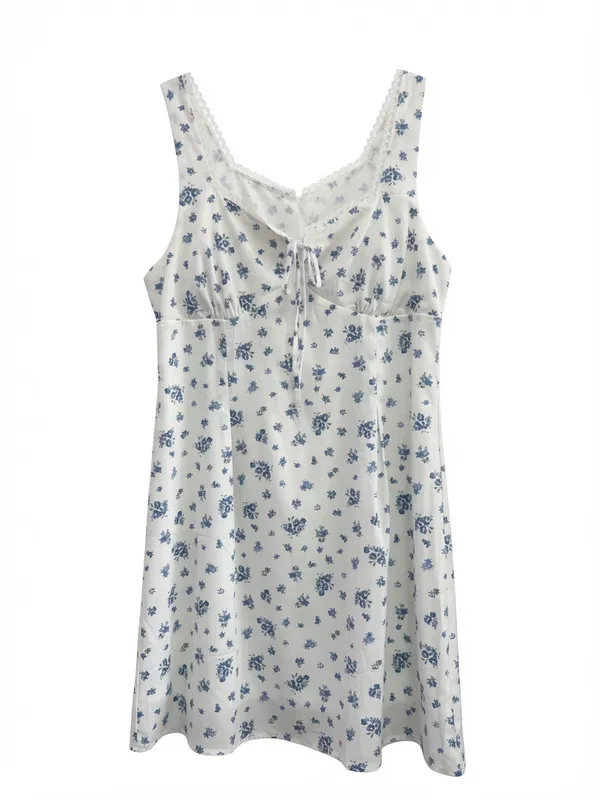 Floral Square Neck Lace Trim Front Tie Mini Dress - Image 2