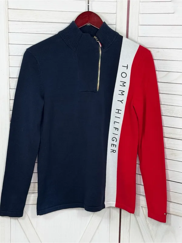 Tommy Hilfiger Quarter Zip Mock Neck Colorblock Logo Sweater Size Small Preppy - Image 7