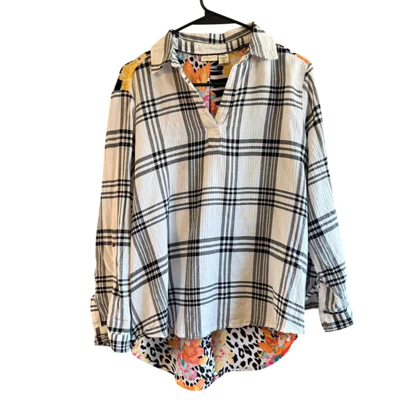 Westbound Petites PXL Plaid Floral Animal Print Mixed Media Roll‎ Tab Shirt - Image 6