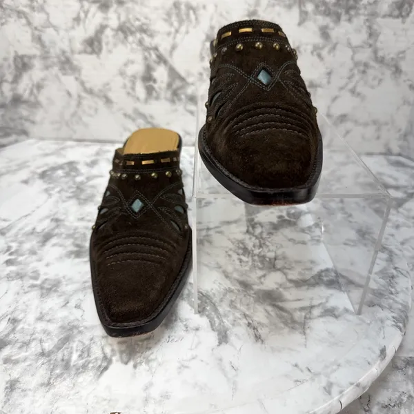 Cole Haan Western Heeled Mules Size 7 Brown Suede Turquoise Studded Butterfly - Image 6