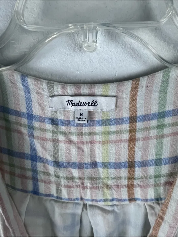 MADEWELL Clara Linen Blend Plaid Short Sleeves Pockets Dress Size Medium Boho - Image 3