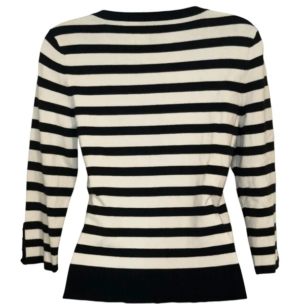 WHITE HOUSE‎ BLACK MARKET Black/White Striped Snap Front 3/4 Sleeve Cardigan S - Image 5