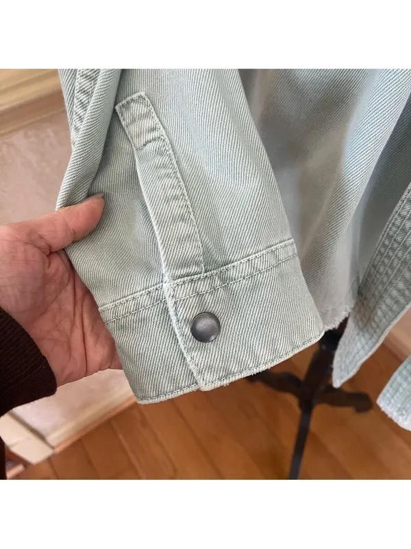 Zara denim belted cotton jean jacket sage green Sz XL - Image 7