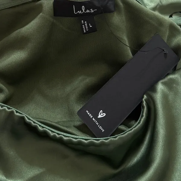 Lulus Luxurious Vision Olive Green Satin Off-the-Shoulder Mini Dress size L NWT - Image 2