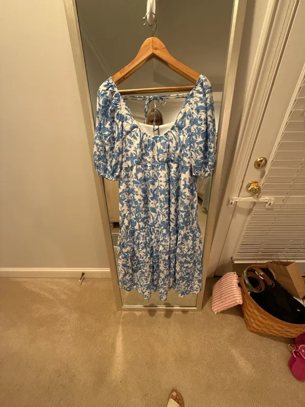 THML Blue and White Floral Puff Sleeve Tiered Midi Dress WCT2010-BL - Image 7
