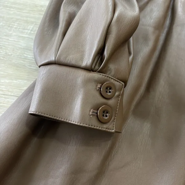 Anthropologie Babydoll Dress Womens Size Medium Brown Faux Leather Mini NWT - Image 7