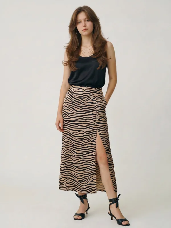 Le Lis Satin Zebra Print Slit Maxi slip Skirt Black Tan Date night Office Siren - Image 3