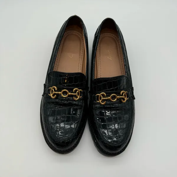 Circus by Sam Edelman Deana Lug Sole Loafers – Black Croc-Embossed,Gold Hardware - Image 3