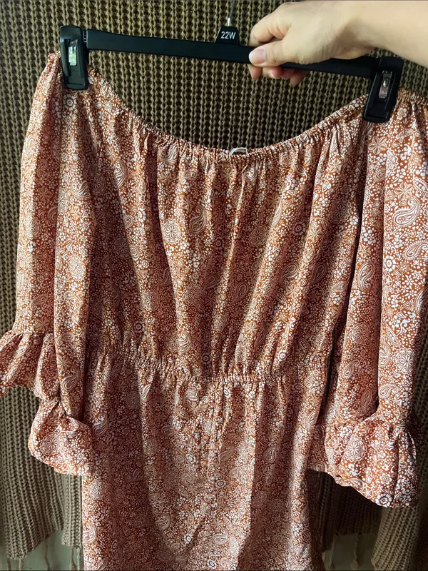 Blush Rust Paisley Off-Shoulder Midi Dress with Tassel Tie - Image 8