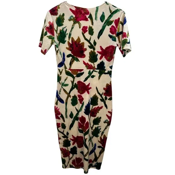 Zara‎ Trafaluc Floral Velvet V-Neck Midi Dress Cream Red Green Pinup Retro - Image 6
