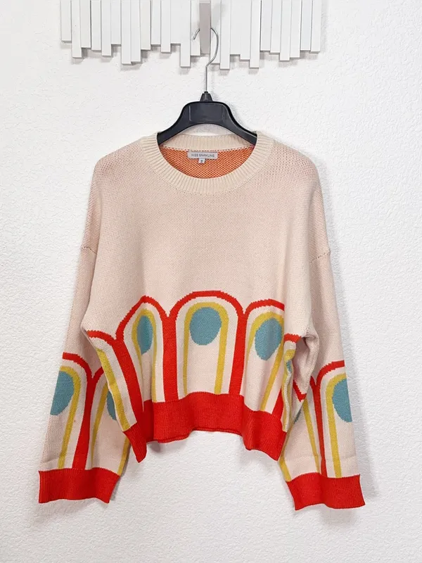 Miss Sparkling Retro Rainbow Arch Graphic Colorblock Cropped Knit Sweater - Image 2