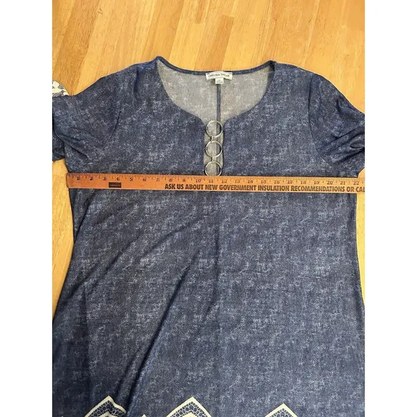 Chelsea Taylor 2X Blue Faux Denim Dress Lace Trim Ring Neck Stretch Midi Plus - Image 8
