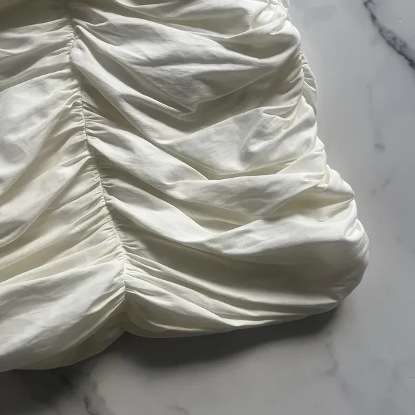 Zara Ruffle Strap Ruched Linen Blend Dress Off White Cream Medium Coastal - Image 10