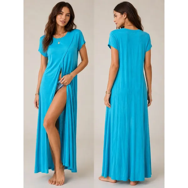 Free People FP Beach Maxi Dress Cover Up Blue Front Slit Swim Casual Size Large - Image 2