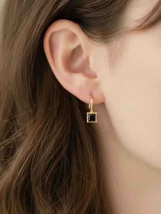 Gold Drop Earrings with Black Square Gemstones - Image 2