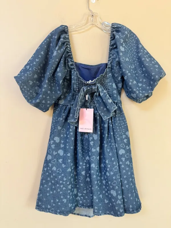 NWT Avec Les Filles Swirling Hearts denim puff sleeve babydoll minidress bow S - Image 5
