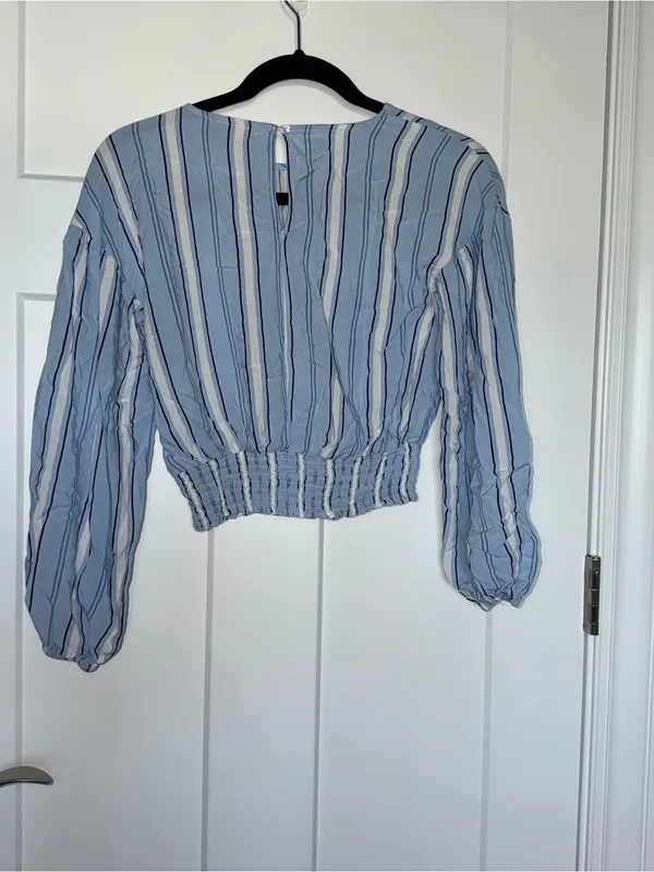 SO Blue and White Striped Long Sleeve Smocked Crop - Image 2