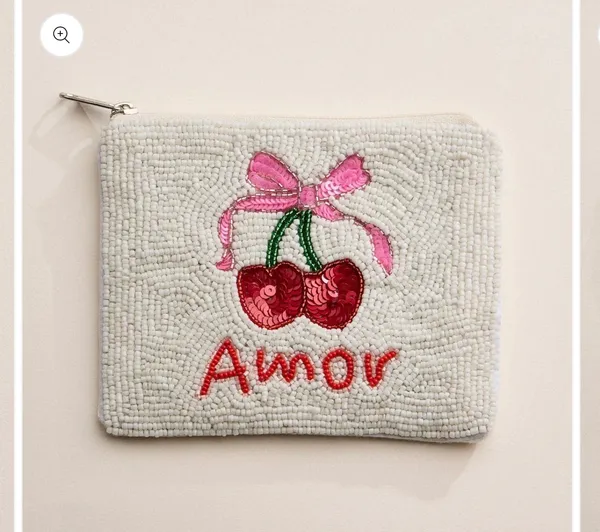 Beaded Amor Cherry Zipper Pouch White - Image 2