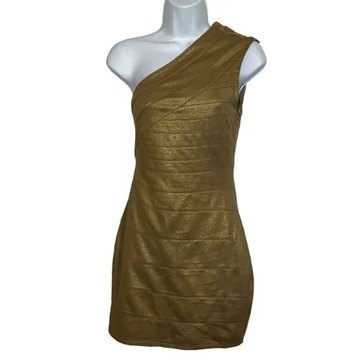 EXPRESS Shimmery Gold One Shoulder Bandage Mini Dress NWT $89 Size‎ XS - Image 2