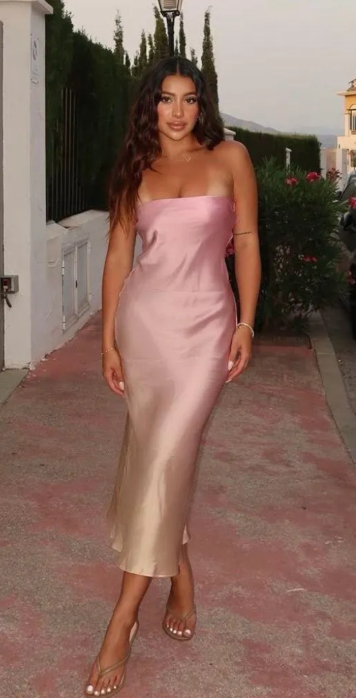Zara midi dress maxi tie dye pink beige satin strapless wedding shower date - Image 2