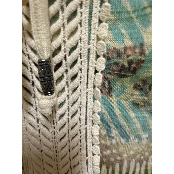 Chico's Abstract Print Crochet Lace‎ Tie Neck Top Green Blue Boho Size 1 M 8 - Image 4