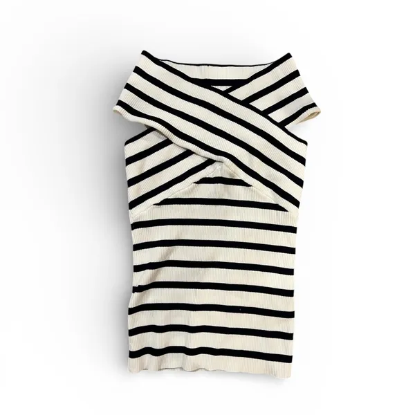COMMENSE Striped Off-Shoulder Cross Knit Top COLOR - Black White NWT Sold Out - Image 2