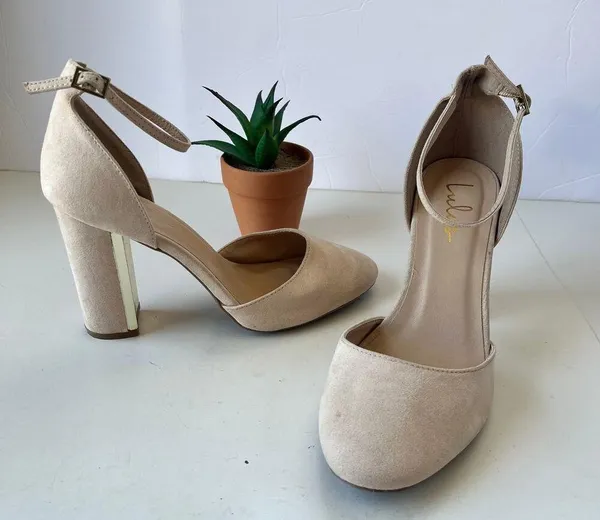Lulu's Ankle Strap Block Heels Womens Shoes Size 9 Blush Pink Gold Faux Suede - Image 11