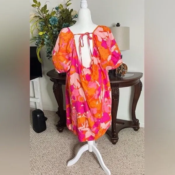 Free Assembly Floral Puff Sleeve Dress XL Pink Orange Open Tie Back With Pockets - Image 5