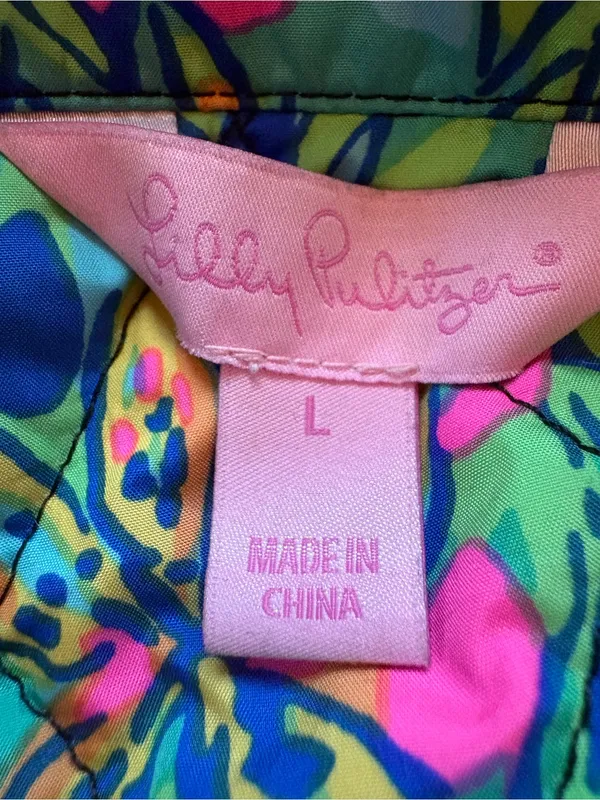 Lilly Pulitzer Getaway Black Quilted Vest Floral Lining Gold Hardware L - Image 2