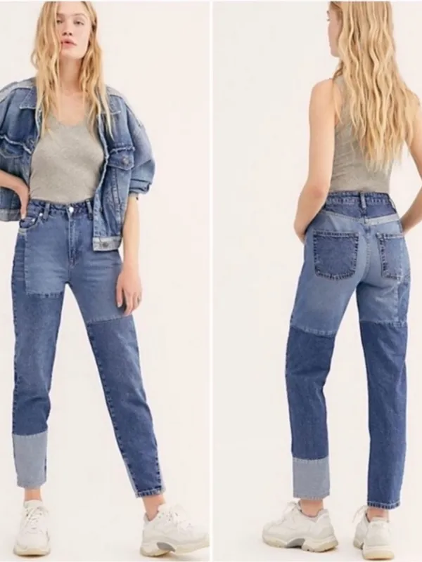 We The Free Patchwork Two-Tone Blue High-Waisted Mom Jeans - Image 2