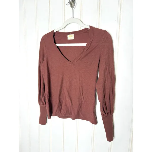 Nation LTD Womens Mahogany Brown Slub Cotton V-Neck Puff Sleeve Top Gold Snaps S - Image 2