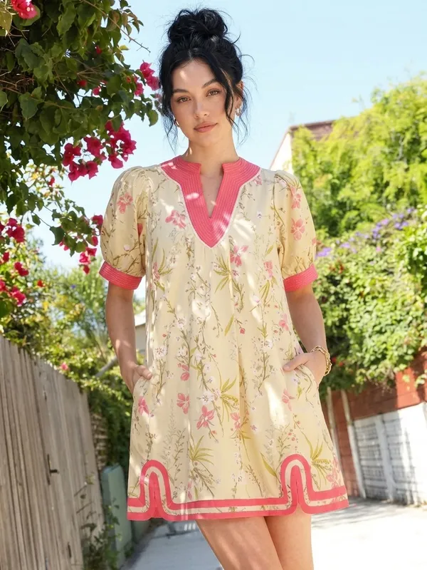 New!Umgee Plus Size Cotton Lined Butter Floral Puff Sleeve Dress Pink Size 2X - Image 2