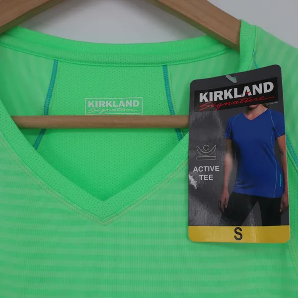Kirkland Signature Womens Neon Green Striped Active Tee V-Neck Shirt Small - Image 2