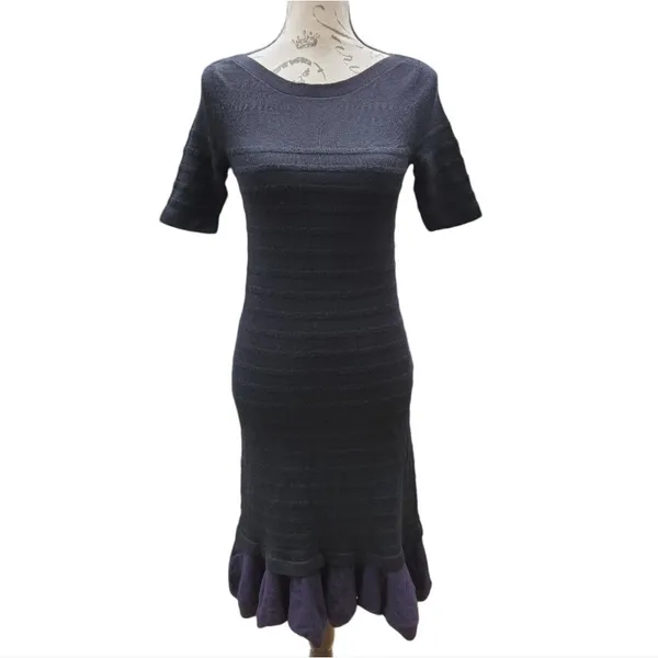 Tory Burch -715 Giselle Textured Merino‎ Wool Sweater Dress Black Ruffle Hem XS - Image 3